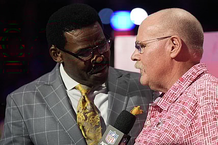 Feb 6, 2023; Phoenix, AZ, USA; Kansas City Chiefs head coach Andy Reid speaks with NFL Network reporter Michael Irvin during Super Bowl Opening Night at Footprint Center. Mandatory Credit: Joe Camporeale-USA TODAY Sports