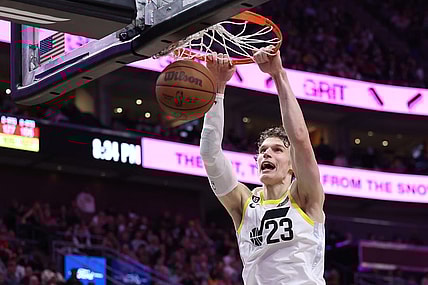 Mar 22, 2023; Salt Lake City, Utah, USA; Utah Jazz forward Lauri Markkanen (23) dunks the ball against the Portland Trail Blazers in the third quarter at Vivint Arena. Mandatory Credit: Rob Gray-USA TODAY Sports
