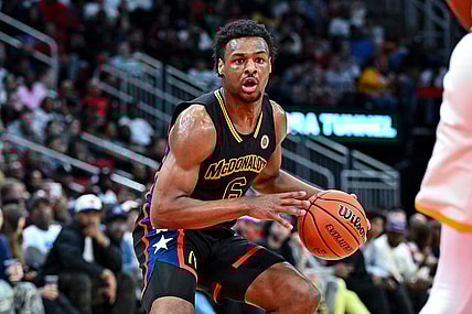 Mar 28, 2023; Houston, TX, USA; McDonald's All American West guard Bronny James (6) controls the ball during the first half against the McDonald's All American East at Toyota Center. Mandatory Credit: Maria Lysaker-USA TODAY Sports