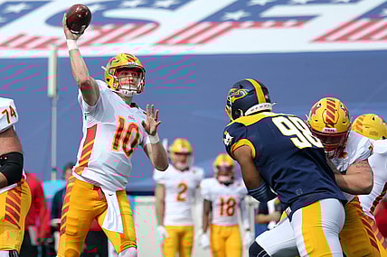 Apr 15, 2023; Memphis, TN, USA; Philadelphia Stars quarterback Case Cookus (10) passes the ball during the first half against the Memphis Showboats at Simmons Bank Liberty Stadium. Mandatory Credit: Petre Thomas-USA TODAY Sports