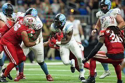 May 13, 2023; San Antonio, TX, USA;  Arlington Renegades running back Leddie Brown (26) runs the ball in the first half at the Alamodome. Mandatory Credit: Daniel Dunn-USA TODAY Sports