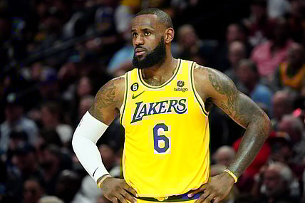 May 16, 2023; Denver, Colorado, USA; Los Angeles Lakers forward LeBron James (6) reacts in the third quarter against the Denver Nuggets during game one of the Western Conference Finals for the 2023 NBA playoffs at Ball Arena. Mandatory Credit: Ron Chenoy-USA TODAY Sports