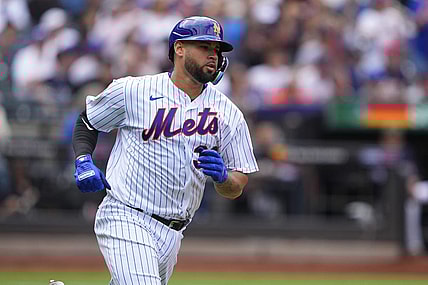 May 21, 2023; New York City, NY, USA; New York Mets catcher Gary Sanchez (33) runs after hitting a single against the Cleveland Guardians during the fourth inning Mandatory Credit: Gregory Fisher-USA TODAY Sports