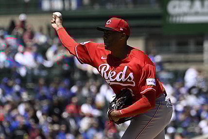 May 26, 2023; Chicago, Illinois, USA; Cincinnati Reds starting pitcher Hunter Greene (21) delivers against the Chicago Cubs during the first inning at Wrigley Field. Mandatory Credit: Matt Marton-USA TODAY Sports