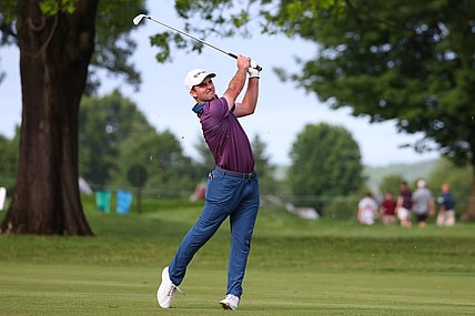 Jun 22, 2023; Cromwell, Connecticut, USA; Denny McCarthy plays his shot on the sixth hole during the first round of the Travelers Championship golf tournament. Mandatory Credit: Vincent Carchietta-USA TODAY Sports