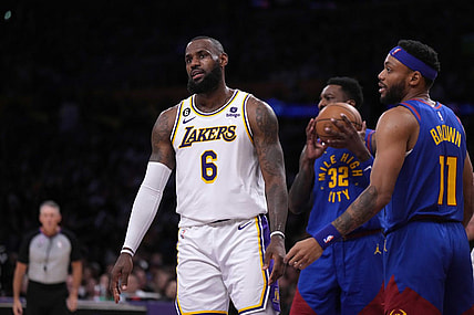 May 20, 2023; Los Angeles, California, USA; Los Angeles Lakers forward LeBron James (6) reacts as Denver Nuggets forward Jeff Green (32) and forward Bruce Brown (11) watch during game three of the Western Conference Finals for the 2023 NBA playoffs at Crypto.com Arena. Mandatory Credit: Kirby Lee-USA TODAY Sports