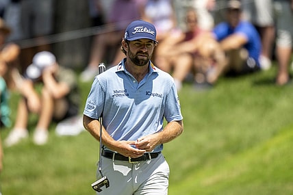 Jul 7, 2023; Silvis, Illinois, USA; Cameron Young walks onto the 9th green during the second round of the John Deere Classic golf tournament. Mandatory Credit: Marc Lebryk-USA TODAY Sports