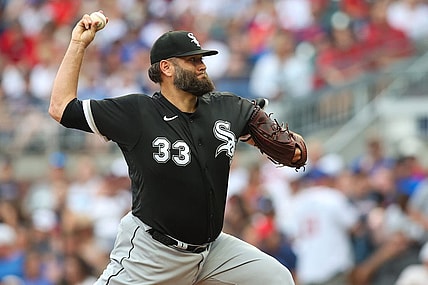 Jul 15, 2023; Atlanta, Georgia, USA; Chicago White Sox starting pitcher Lance Lynn (33) throws against the Atlanta Braves in the second inning at Truist Park. Mandatory Credit: Brett Davis-USA TODAY Sports