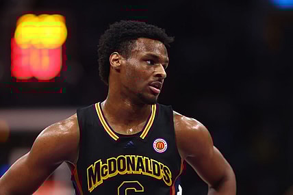 Mar 28, 2023; Houston, TX, USA; West guard Bronny James (6) during the McDonald's All American Boy's high school basketball game at Toyota Center. Mandatory Credit: Mark J. Rebilas-USA TODAY Sports