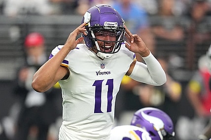 Aug 14, 2022; Paradise, Nevada, USA; Minnesota Vikings quarterback Kellen Mond (11) calls a play before snapping the ball against the Las Vegas Raiders during a preseason game at Allegiant Stadium. Mandatory Credit: Stephen R. Sylvanie-USA TODAY Sports