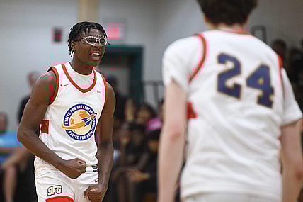 July 3, 2023; North Augusta, S.C., USA; Bryce James (5), son of LeBron James, cheers during the E16 Strive for Greatness and Expressions game at the first day of the Peach Jam at Riverview Park Activities Center. Strive for Greatness defeated Expressions 78-69. Mandatory Credit: Katie Goodale-USA TODAY Network
