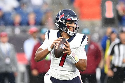 Aug 10, 2023; Foxborough, Massachusetts, USA; Houston Texans quarterback C.J. Stroud (7) looks to pass against the New England Patriots during the first half at Gillette Stadium. Mandatory Credit: Brian Fluharty-USA TODAY Sports