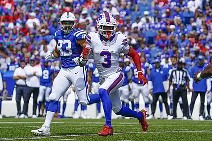 Aug 12, 2023; Orchard Park, New York, USA; Buffalo Bills safety Damar Hamlin (3) pursues against the Indianapolis Colts during the first half at Highmark Stadium. Mandatory Credit: Gregory Fisher-USA TODAY Sports