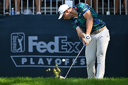 Aug 20, 2023; Olympia Fields, Illinois, USA; Viktor Hovland tees off from the 16th tee during the final round of the BMW Championship golf tournament. Mandatory Credit: Jamie Sabau-USA TODAY Sports