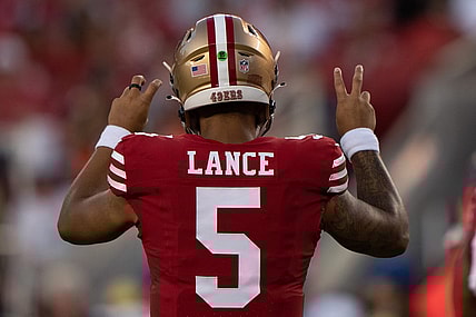 Aug 19, 2023; Santa Clara, California, USA;  San Francisco 49ers quarterback Trey Lance (5) signals during the third quarter against the Denver Broncos at Levi's Stadium. Mandatory Credit: Stan Szeto-USA TODAY Sports