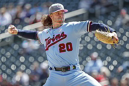 May 8, 2022; Minneapolis, Minnesota, USA; Minnesota Twins starting pitcher Chris Paddack (20) throws to the Oakland Athletics in the second inning at Target Field. Mandatory Credit: Bruce Kluckhohn-USA TODAY Sports