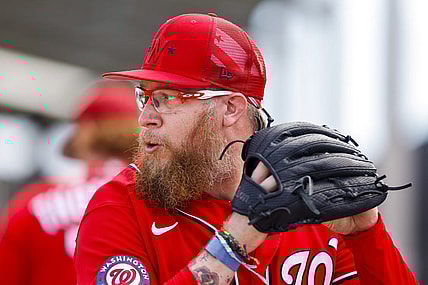 Feb 16, 2023; West Palm Beach, FL, USA; Washington Nationals starting pitcher Sean Doolittle (63) delivers a pitch during a spring training workout at The Ballpark of the Palm Beaches. Mandatory Credit: Sam Navarro-USA TODAY Sports