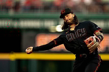 Jul 21, 2023; Cincinnati, Ohio, USA; Cincinnati Reds second baseman Jonathan India (6) throws to retire Arizona Diamondbacks center fielder Alek Thomas (not pictured) in the fifth inning at Great American Ball Park. Mandatory Credit: Albert Cesare/Cincinnati Enquirer-USA TODAY Sports