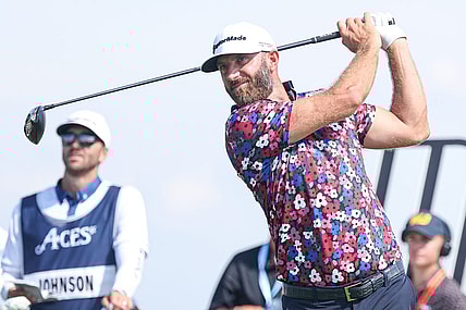 Aug 11, 2023; Bedminster, New Jersey, USA; Dustin Johnson plays his shot from the first tee during the first round of the LIV Golf Bedminster golf tournament at Trump National Bedminster. Mandatory Credit: Vincent Carchietta-USA TODAY Sports