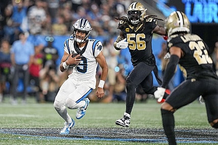 Sep 18, 2023; Charlotte, North Carolina, USA; Carolina Panthers quarterback Bryce Young (9) runs the ball against the New Orleans Saints during the second half at Bank of America Stadium. Mandatory Credit: Jim Dedmon-USA TODAY Sports