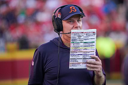 Sep 24, 2023; Kansas City, Missouri, USA; Chicago Bears head coach Matt Eberflus watches play against the Kansas City Chiefs during the second half at GEHA Field at Arrowhead Stadium. Mandatory Credit: Denny Medley-USA TODAY Sports