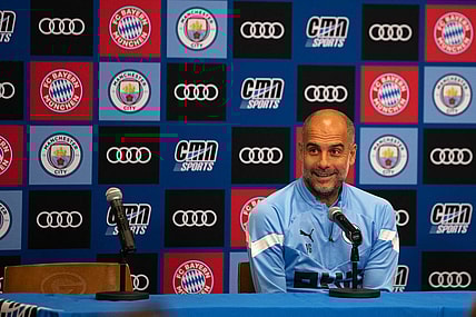 Manchester City manager Pep Guardiola speaks to the media in preparation for Saturday's exhibition game, on Friday, July 22, 2022 at Lambeau Field in Green Bay, Wis. Samantha Madar/USA TODAY NETWORK-Wisconsin

Gpg Bayern And Manchester Practice 7222022 0011
