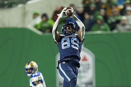 Nov 20, 2022; Regina, Saskatchewan, CAN; Toronto Argonauts receiver Cam Phillips (89) makes a reception against the Winnipeg Blue Bombers in the second half. The Argonauts defeated the Blue Bombers to win the 2022 Grey Cup Championship at Mosaic Stadium. Toronto won 24-23. Mandatory Credit: Bob Frid-USA TODAY Sports