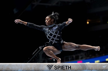 August 27, 2023; San Jose, California, USA; Simone Biles performs on the balance beam during the 2023 U.S. Gymnastics Championships at SAP Center. Mandatory Credit: Kyle Terada-USA TODAY