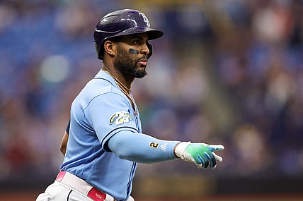 Sep 23, 2023; St. Petersburg, Florida, USA;  Tampa Bay Rays first baseman Yandy Diaz (2) celebrates after hitting a solo home run against the Toronto Blue Jays in the first inning at Tropicana Field. Mandatory Credit: Nathan Ray Seebeck-USA TODAY Sports