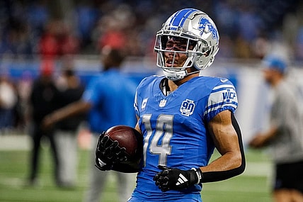 Detroit Lions wide receiver Amon-Ra St. Brown (14) warms up before the Atlanta Falcons game at Ford Field in Detroit on Sunday, Sept. 24, 2023.