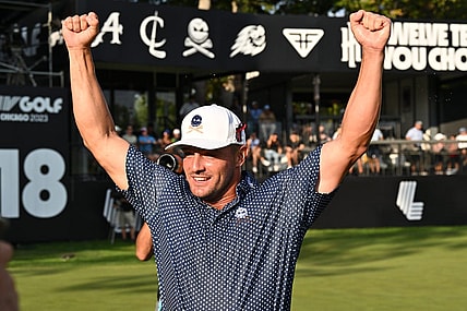 Sep 24, 2023; Sugar Grove, Illinois, USA; Bryson DeChambeau is celebrates after winning the LIV Golf Chicago golf tournament at Rich Harvest Farms. Mandatory Credit: Jamie Sabau-USA TODAY Sports