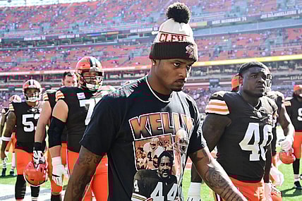 Oct 1, 2023; Cleveland, Ohio, USA; Cleveland Browns quarterback Deshaun Watson (4) walks off the field after warm ups before the game between the Browns and the Baltimore Ravens at Cleveland Browns Stadium. Mandatory Credit: Ken Blaze-USA TODAY Sports