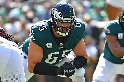 Oct 1, 2023; Philadelphia, Pennsylvania, USA; Philadelphia Eagles offensive tackle Lane Johnson (65) against the Washington Commanders at Lincoln Financial Field. Mandatory Credit: Eric Hartline-USA TODAY Sports
