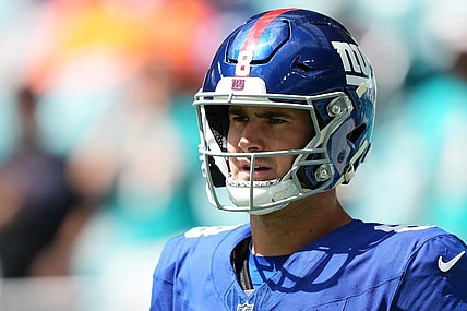 Oct 8, 2023; Miami Gardens, Florida, USA; New York Giants quarterback Daniel Jones (8) walks onto the field prior to the game against the New York Giants at Hard Rock Stadium. Mandatory Credit: Jasen Vinlove-USA TODAY Sports