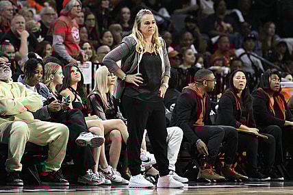 Oct 11, 2023; Las Vegas, Nevada, USA; Las Vegas Aces head coach Becky Hammon looks up the court during the first half of the game against the New York Liberty during game two of the 2023 WNBA Finals at Michelob Ultra Arena. Mandatory Credit: Candice Ward-USA TODAY Sports