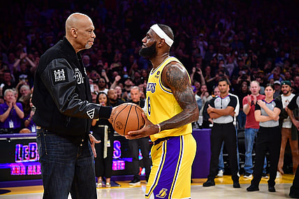 Feb 7, 2023; Los Angeles, California, USA; Los Angeles Lakers forward LeBron James (6) shakes hands with former player Kareem Abdul-Jabbar after breaking the NBA all time scoring record against the Oklahoma City Thunder during the second half at Crypto.com Arena. Mandatory Credit: Gary A. Vasquez-USA TODAY Sports