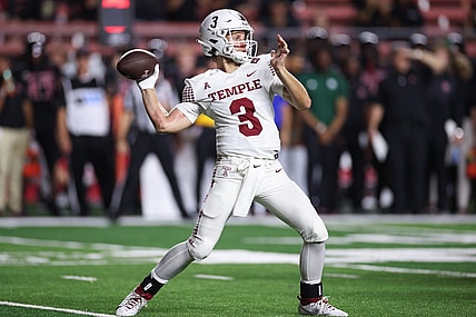 Sep 9, 2023; Piscataway, New Jersey, USA; Temple Owls quarterback E.J. Warner (3) throws the ball during the first half against the Rutgers Scarlet Knights at SHI Stadium. Mandatory Credit: Vincent Carchietta-USA TODAY Sports