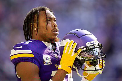 Oct 8, 2023; Minneapolis, Minnesota, USA; Minnesota Vikings wide receiver Justin Jefferson (18) before the game against the Kansas City Chiefs at U.S. Bank Stadium. Mandatory Credit: Brad Rempel-USA TODAY Sports