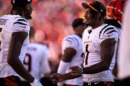 Cincinnati Bengals wide receiver Ja'Marr Chase (1) talks with Cincinnati Bengals wide receiver Tee Higgins (5) in the fourth quarter of the NFL game between the Cincinnati Bengals and the San Francisco 49ers at Levi Stadium in Santa Clara, Calif., on Sunday, Oct 29, 2023.