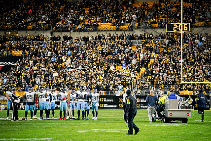 Tennessee Titans players watch at wide receiver Treylon Burks (16) is carted off after an injury during the fourth quarter against the Pittsburgh Steelers in Pittsburgh, Pa., Thursday, Nov. 2, 2023.