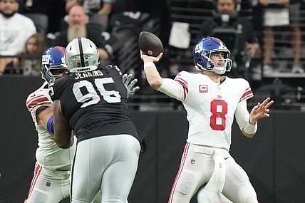 November 5, 2023; Paradise, Nevada, USA; New York Giants quarterback Daniel Jones (8) passes the football against the Las Vegas Raiders during the first quarter at Allegiant Stadium. Mandatory Credit: Kyle Terada-USA TODAY Sports