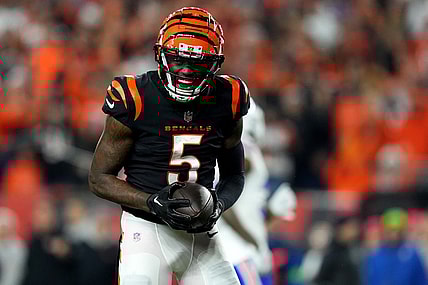 Nov 5, 2023; Cincinnati, Ohio, USA; Cincinnati Bengals wide receiver Tee Higgins (5) reacts after making a catch against the Buffalo Bills in the fourth quarter at Paycor Stadium. Mandatory Credit: Kareem Elgazzar-USA TODAY Sports