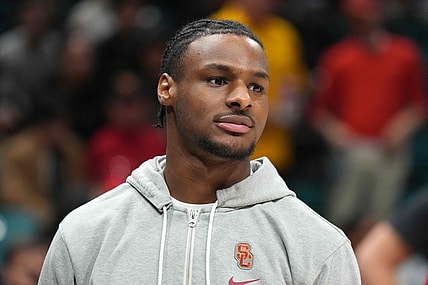 Dec 2, 2023; Las Vegas, Nevada, USA; Southern California Trojans guard Bronny James reacts during the Legends of Basketball Las Vegas Invitational against the Gonzaga Bulldogs at MGM Grand Garden Arena. Mandatory Credit: Kirby Lee-USA TODAY Sports