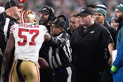 Dec 3, 2023; Philadelphia, Pennsylvania, USA; San Francisco 49ers linebacker Dre Greenlaw (57) has an altercation with Philadelphia Eagles staff member Dom DiSandro during the third quarter at Lincoln Financial Field. Mandatory Credit: Bill Streicher-USA TODAY Sports