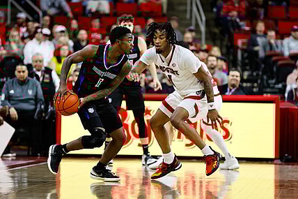 Dec 20, 2023; Raleigh, North Carolina, USA; Saint Louis Billikens guard Cian Medley (1) dribbles with the ball during the first half against North Carolina State Wolfpack at PNC Arena. Mandatory Credit: Jaylynn Nash-USA TODAY Sports
