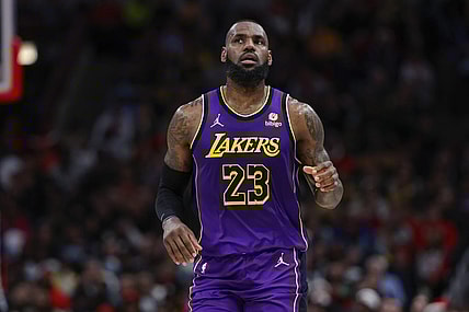 Dec 20, 2023; Chicago, Illinois, USA; Los Angeles Lakers forward LeBron James (23) looks on during the first half at United Center. Mandatory Credit: Kamil Krzaczynski-USA TODAY Sports