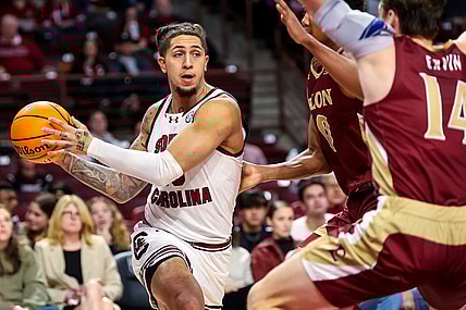 Dec 22, 2023; Columbia, South Carolina, USA; South Carolina Gamecocks guard Myles Stute (10) looks to pass against the Elon Phoenix in the first half at Colonial Life Arena. Mandatory Credit: Jeff Blake-USA TODAY Sports