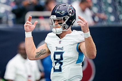 Tennessee Titans quarterback Will Levis (8) warms up before a game against the Houston Texans at NRG Stadium in Houston, Texas., Sunday, Dec. 31, 2023.