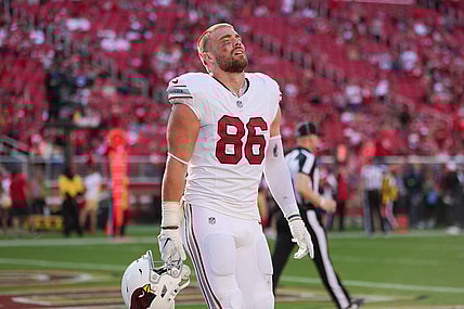 Oct 1, 2023; Santa Clara, California, USA; Arizona Cardinals tight end Zach Ertz (86) reacts after the game against the San Francisco 49ers at Levi's Stadium. Mandatory Credit: Sergio Estrada-USA TODAY Sports