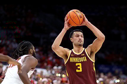 Dec 3, 2023; Columbus, Ohio, USA;  Minnesota Golden Gophers forward Dawson Garcia (3) looks to pass as Ohio State Buckeyes guard Evan Mahaffey (12) during the first half at Value City Arena. Mandatory Credit: Joseph Maiorana-USA TODAY Sports